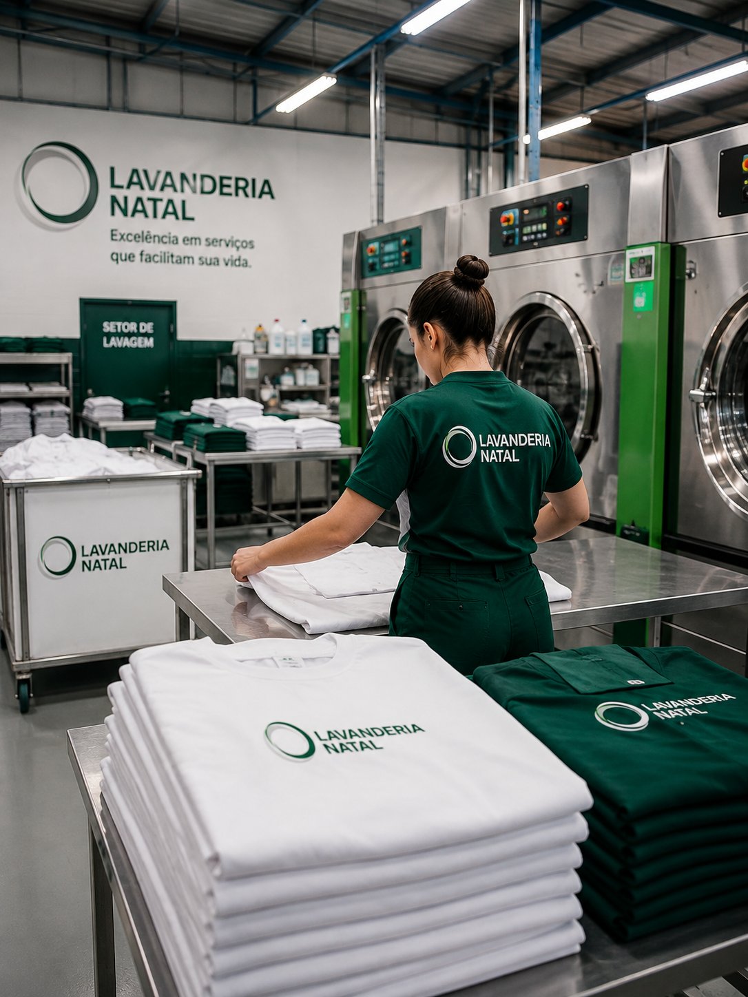 Funcionária da Lavanderia Natal higienizando roupas na unidade industrial